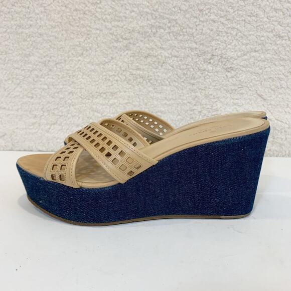 Kate Spade Wedge Sandals 8.5 M Meredith Denim and Tan Vacation Weekend Luxury - Picture 2 of 7
